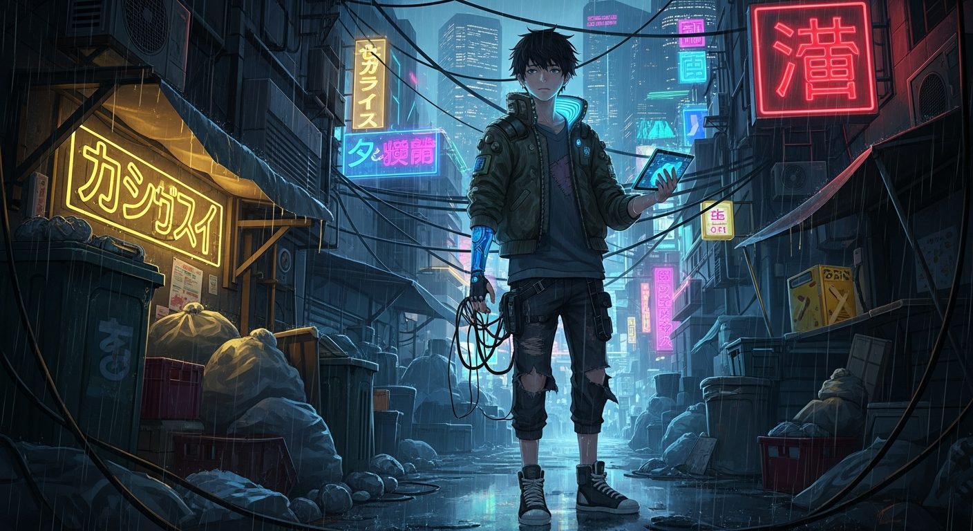 Kai navigiert durch die dystopischen Neon-Slums von Neo Tokyo